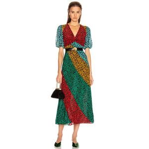 Rixo Amber Tricolor Giraffe Animal Print Maxi Silk Dress Size Medium